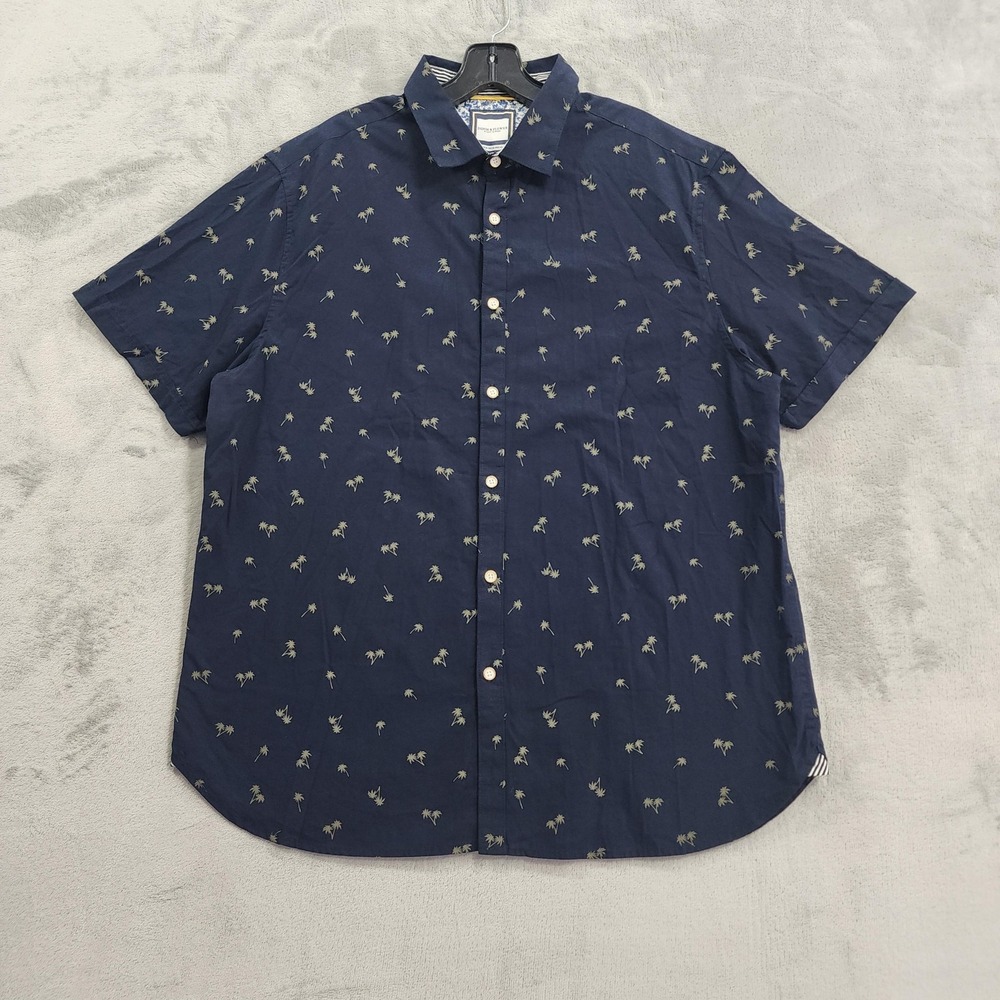 Denim & Flower Shirt Mens XL Blue Palm Tree Short Sleeve Button Front Casual